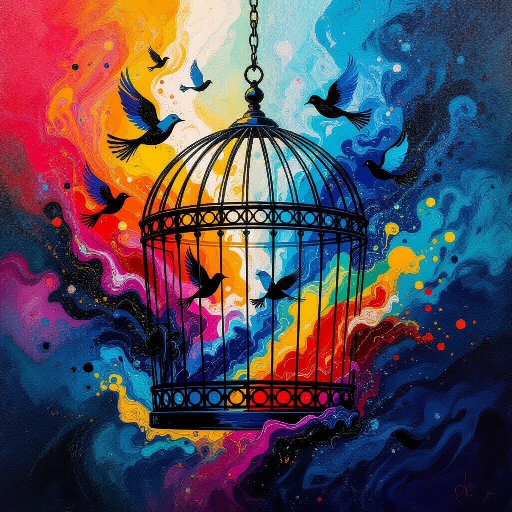 Vibrant Liquid Art Birdcage with Abstract Birds Breaking Fre...