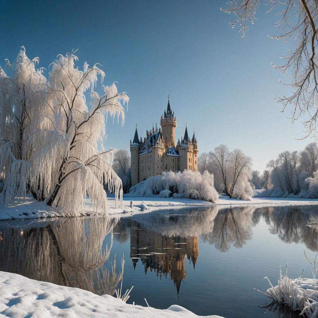 Luxurious Winter Castle on Frozen Lake in Victorian Style