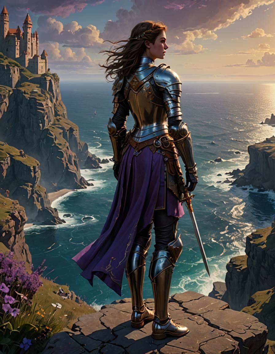 Female Knight Overlooking Ocean Kingdom