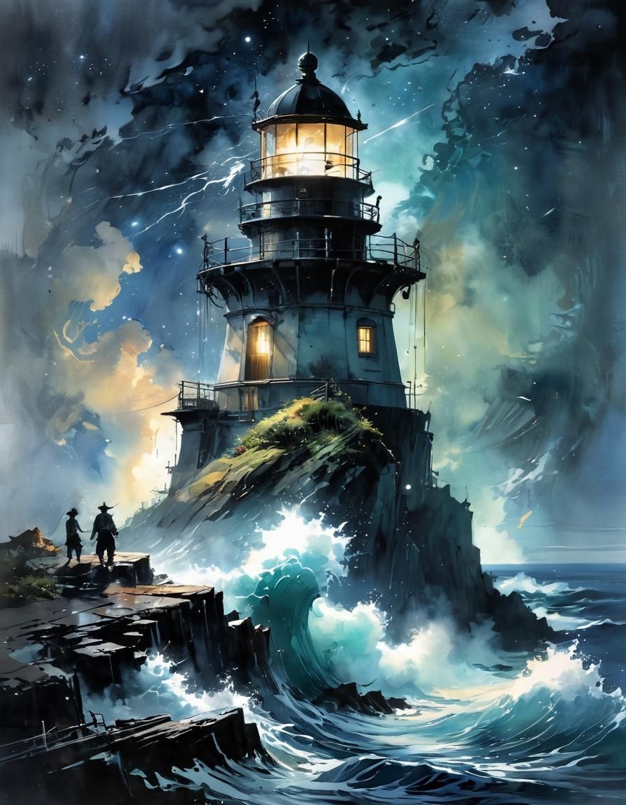 Ocean Storm Lighthouse in Fantasy Book, Watercolor Style