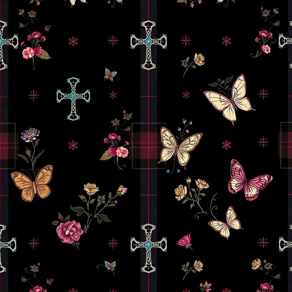 Surreal Clergy Tartan Fabric with Celtic Crosses and Flowers