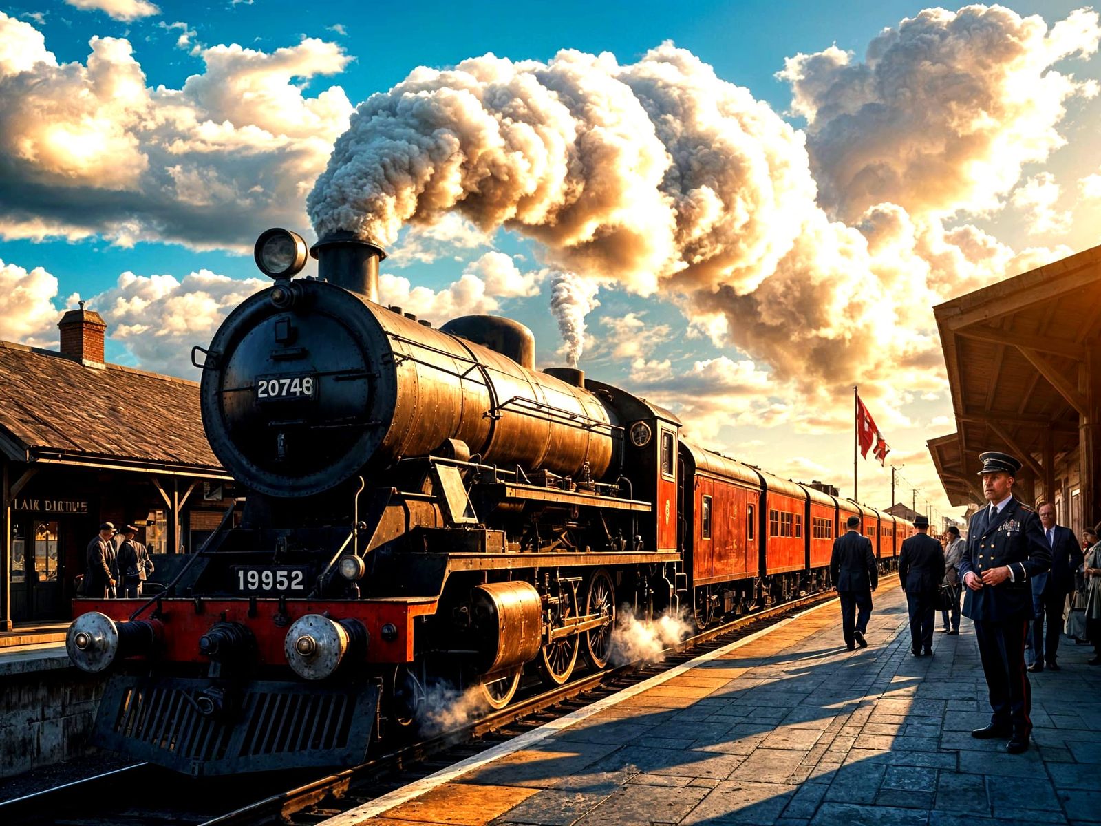 Steam Train Arrives at Station in Mid 20th Century Setting