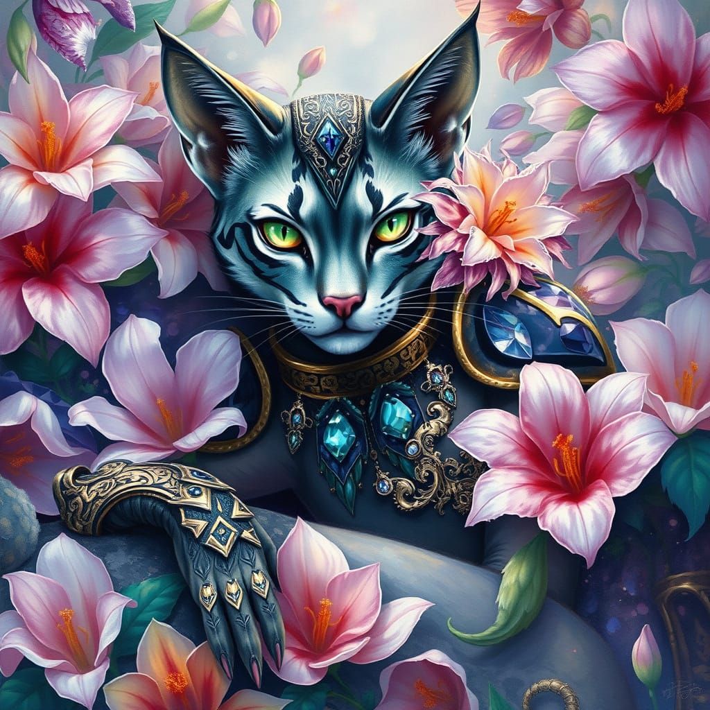 Regal Fantasy Feline Goddess in Whimsical Floral Realm