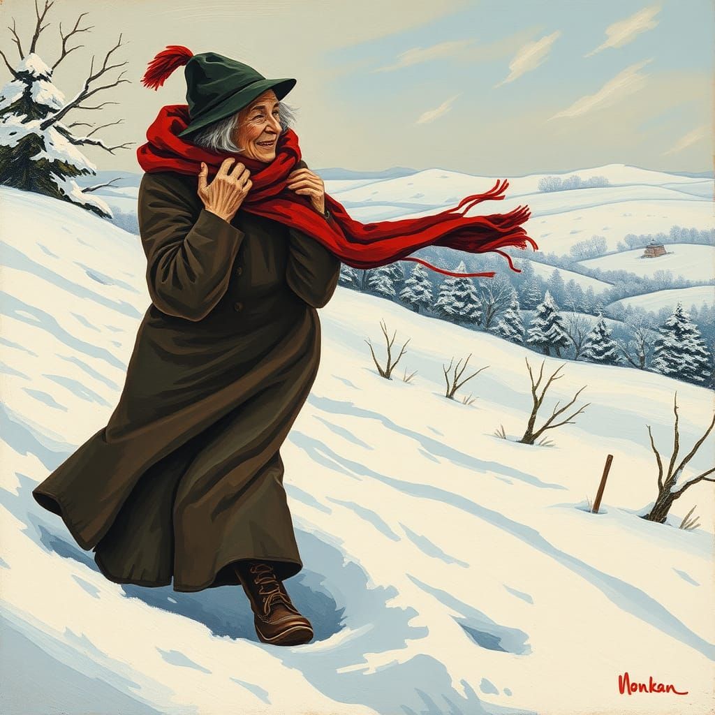 Old Woman Versus Winter Wind in Folk Art Style