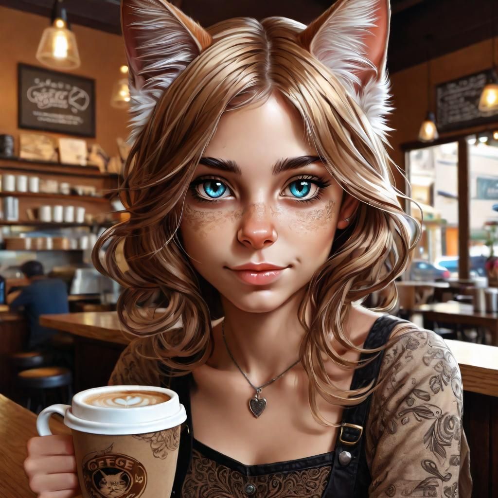 Detailed Catgirl Portrait in Coffee Shop
