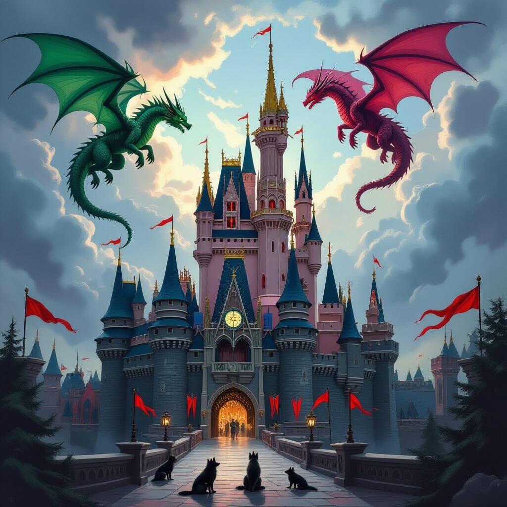 Dark Fantasy Christmas Castle with Dragons and Wolves