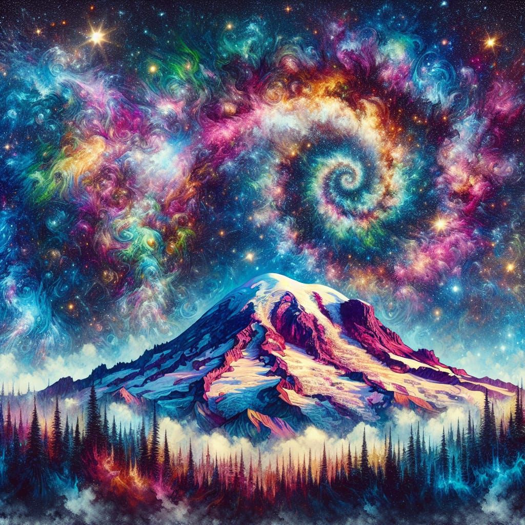 Mount Rainier as Starry Night Sky Watercolor