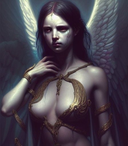 Dark Angel with Black Wings, Hyperrealistic Illustration