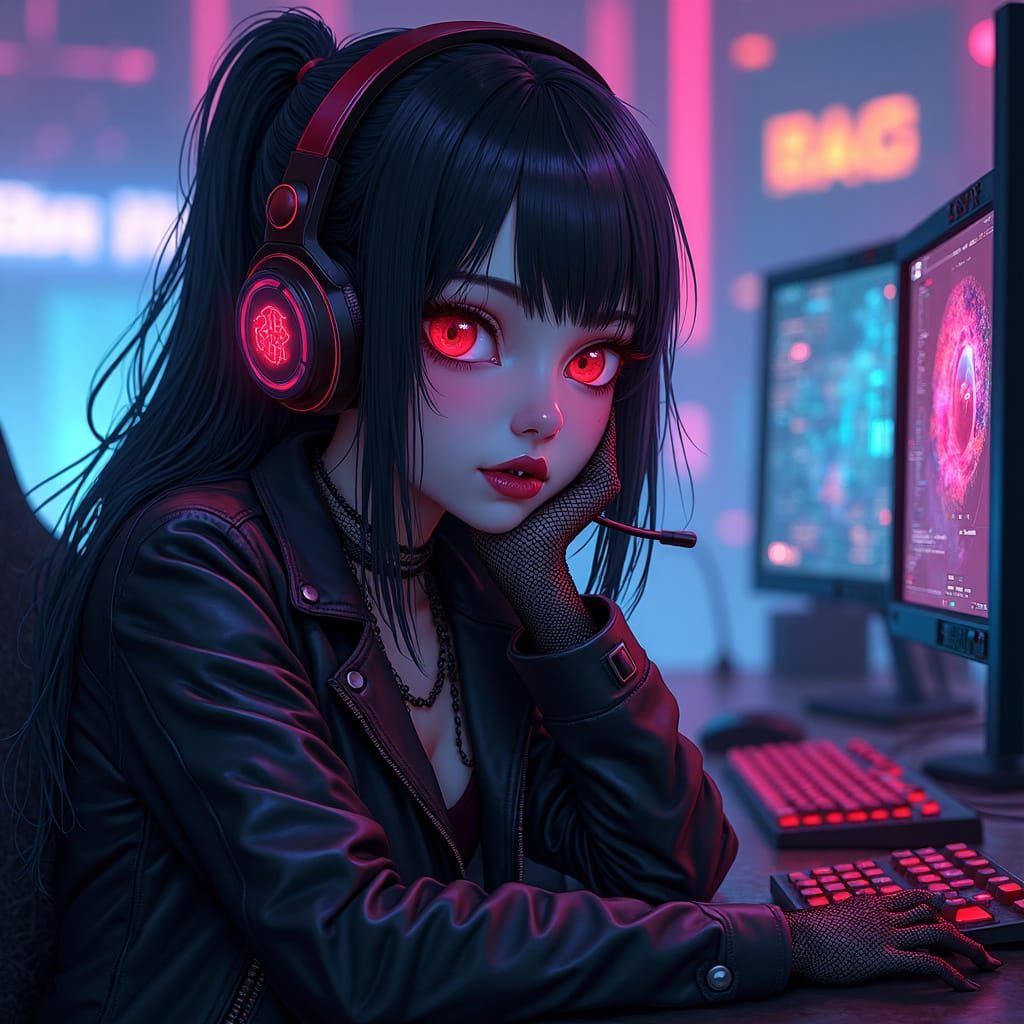 Cyberpunk Goth Gamer Girl in Neon-Lit Gaming Lair