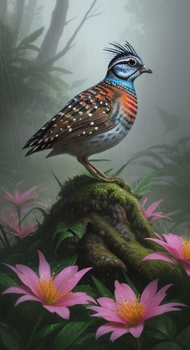 Hyper-Realistic Striped Quail in Vibrant Tropical Bloom