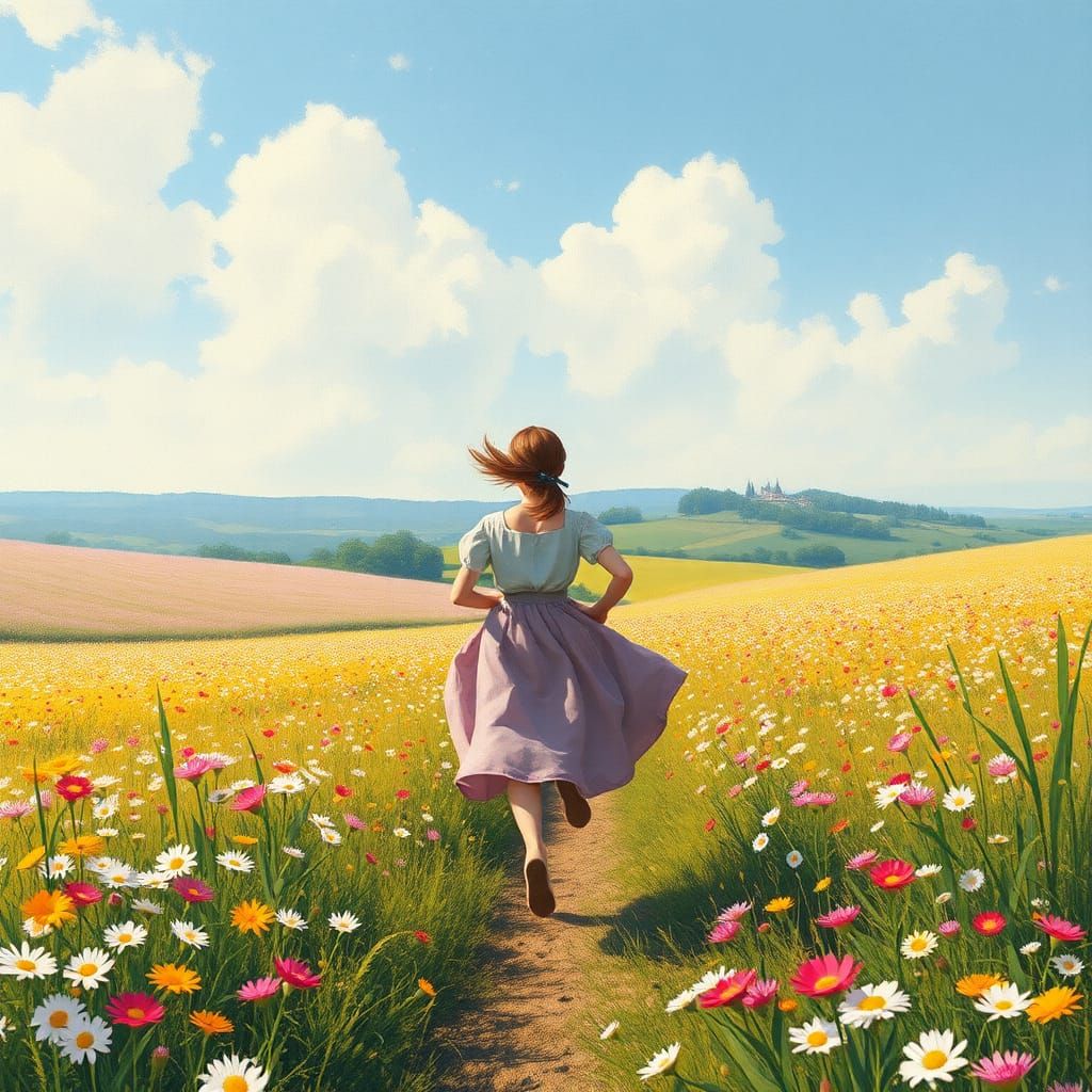 Girl in Flower Field: American Impressionism Style