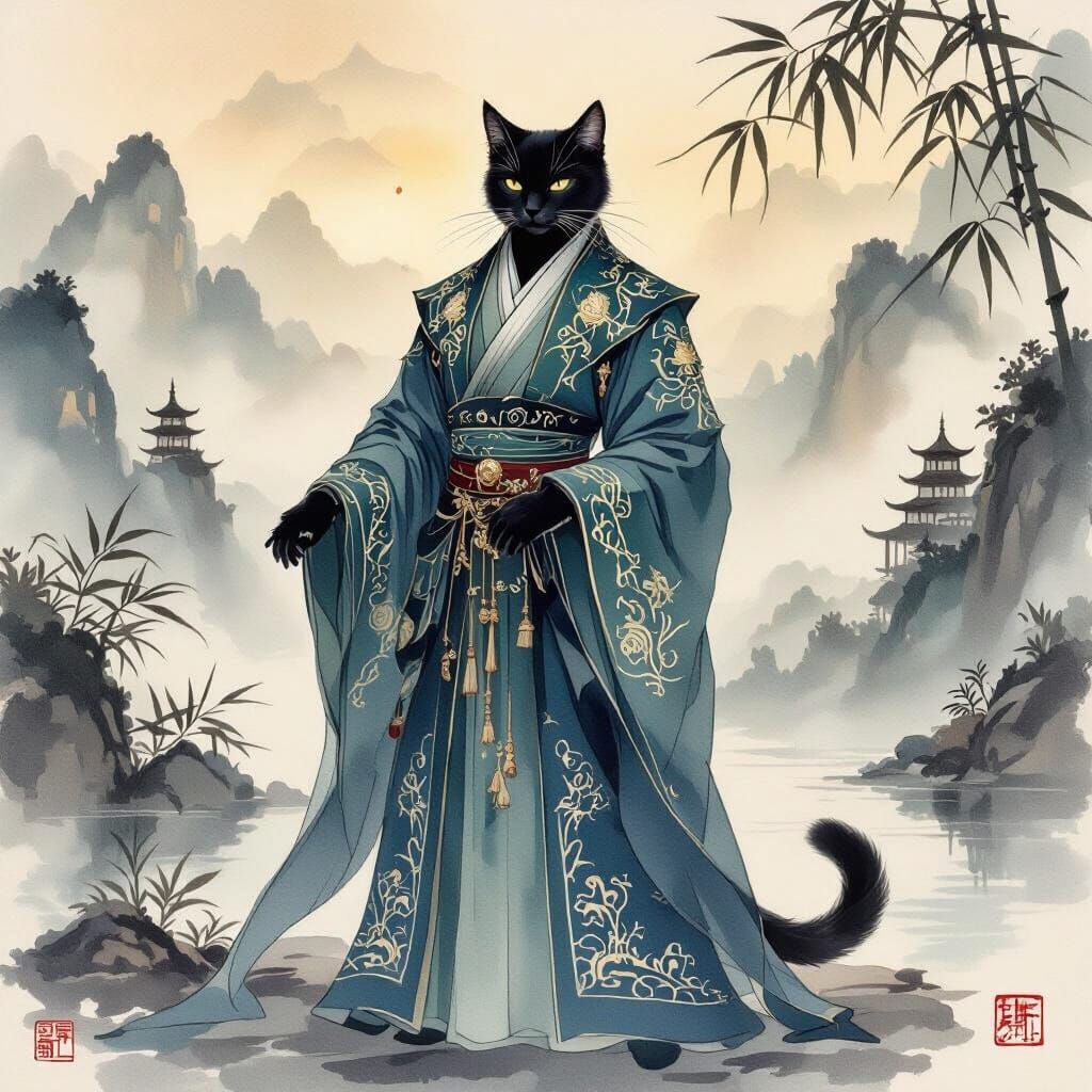 Elegant Chinese Cat Noble in Watercolor Ink Wash Style