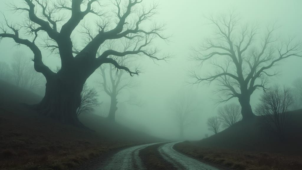 A foggy road winds through a serene landscape to a hillside ...