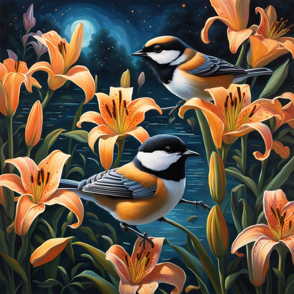 Chickadees in a Lily Garden at Night