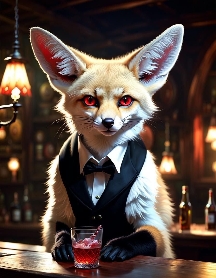 Moonlit Fox Bartender in Forest Tavern