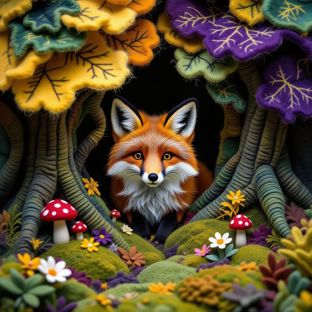 Whimsical Felted Forest with Fox in Dark Fantasy Style