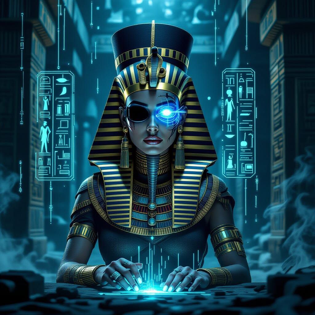 Cyberpunk Egyptian Queen in Neon-Lit Futuristic Tomb
