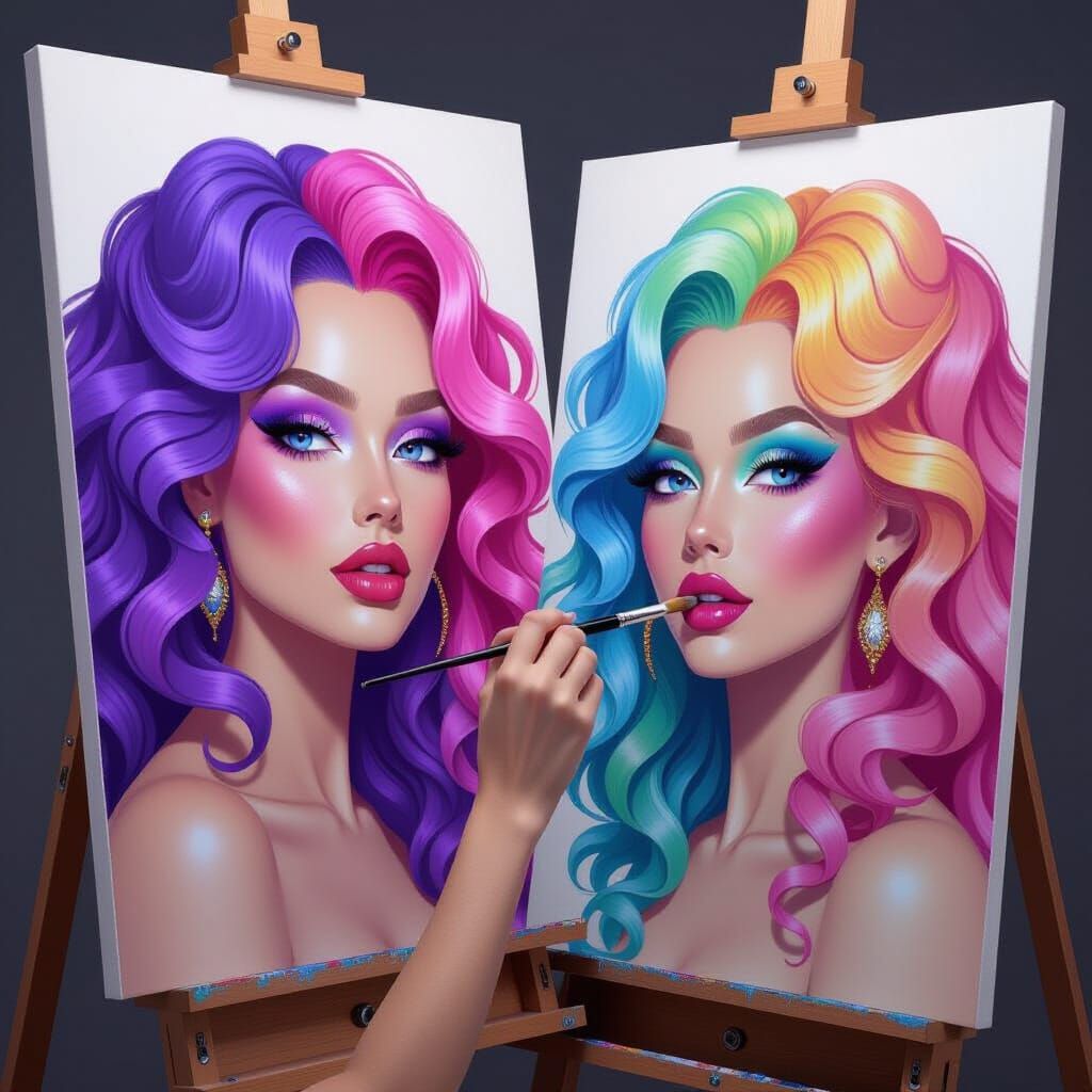Glamorous Woman Painting Colorful Portrait