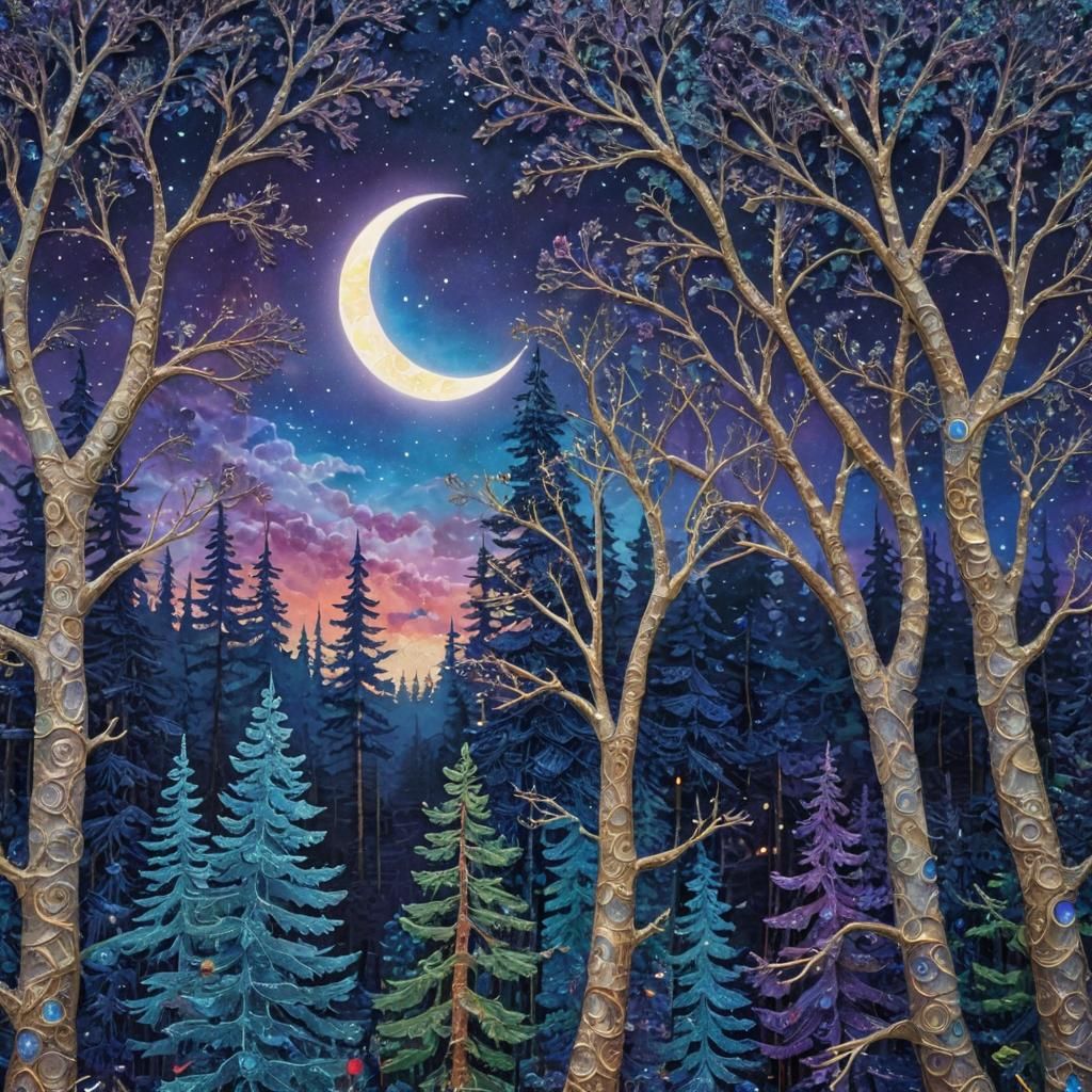 Forest Hillside with Crescent Moon: Acrylic Matte Painting
