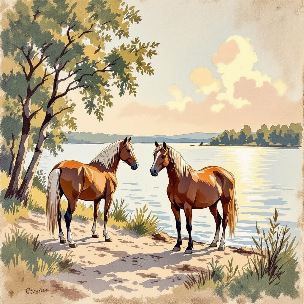 Palomino Horses by Lake in Rough Colored Pencil Sketch