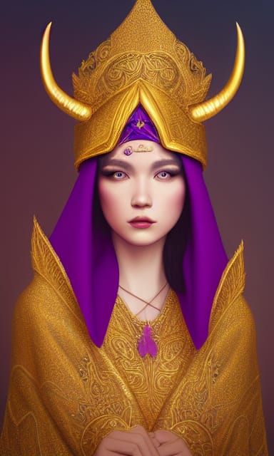Ornate Woman in Purple Robes with Golden Horns