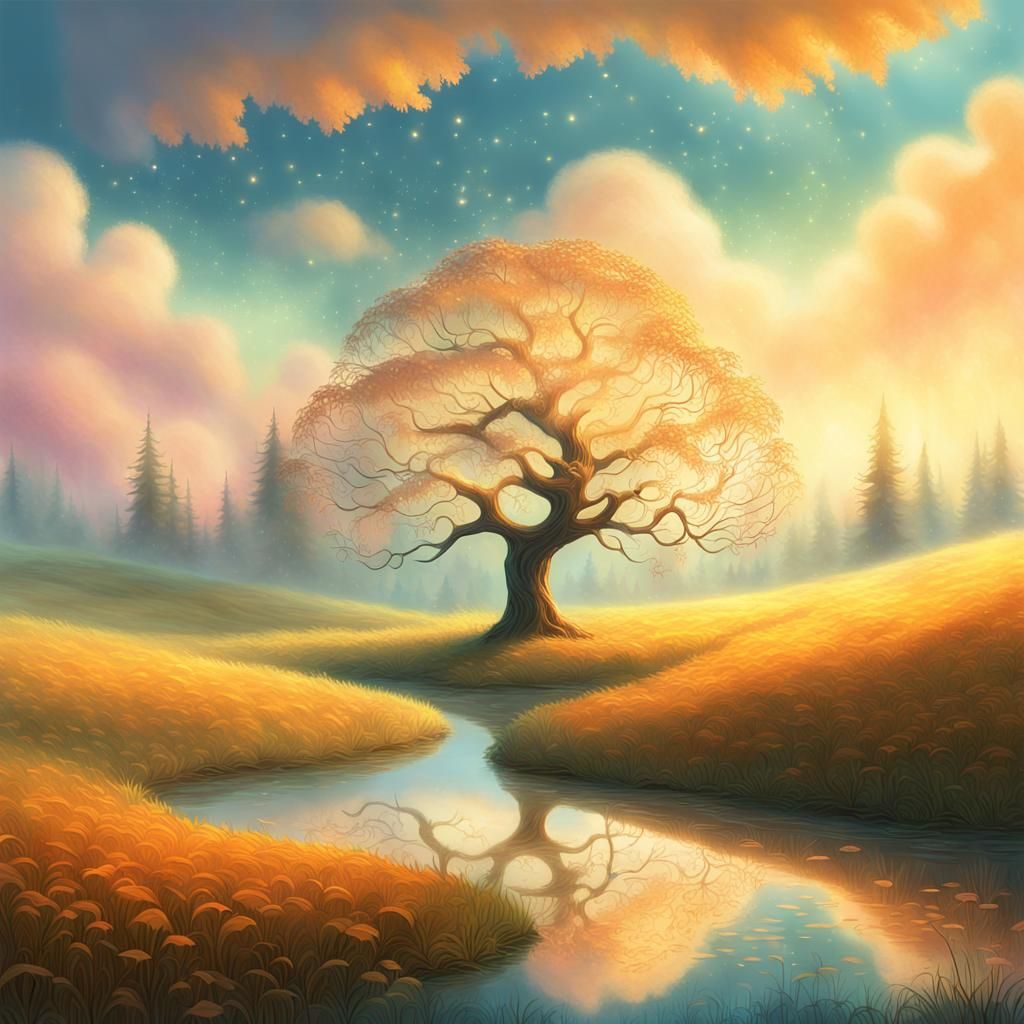 Glowing Tree in Misty Meadow: Vibrant Digital Art