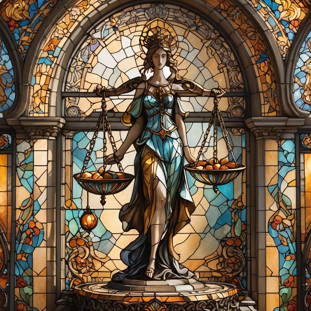Lady Justice Scales in Stained Glass Art