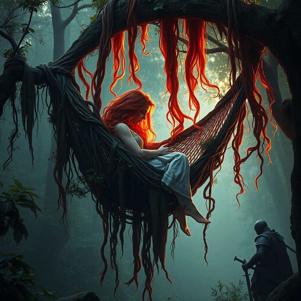 Dreamlike Forest Goddess Suspended in Verdant Embrace