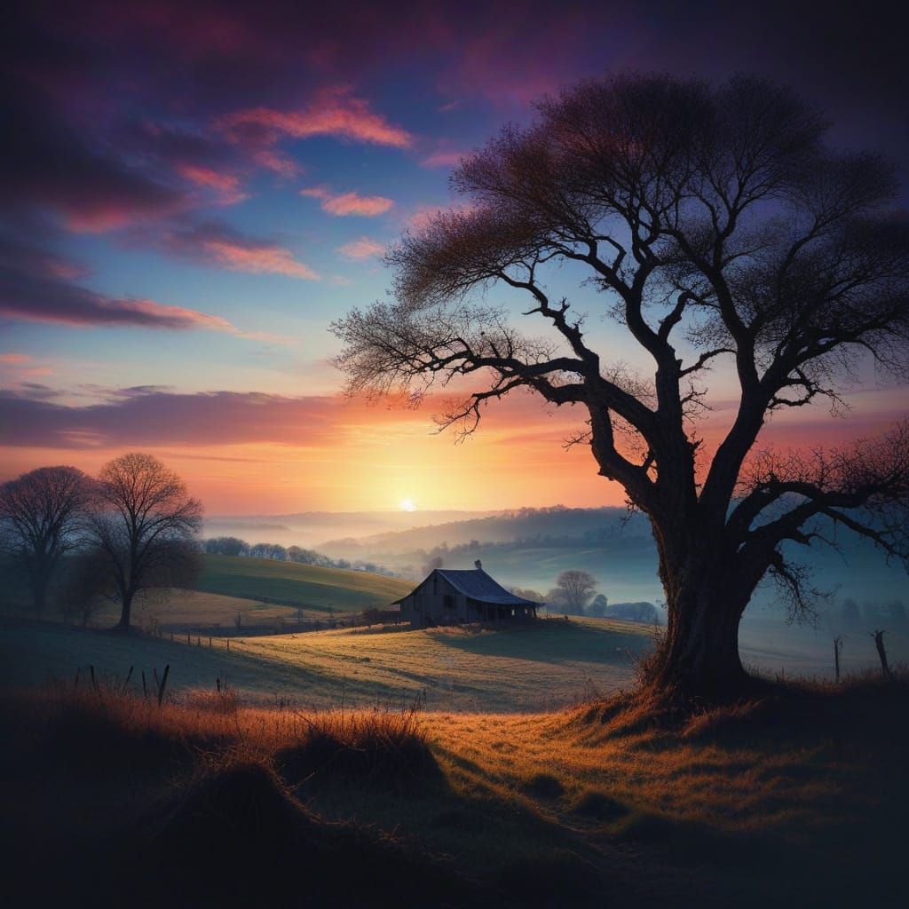 Serene Sunset over a Weathered Rural Landscape