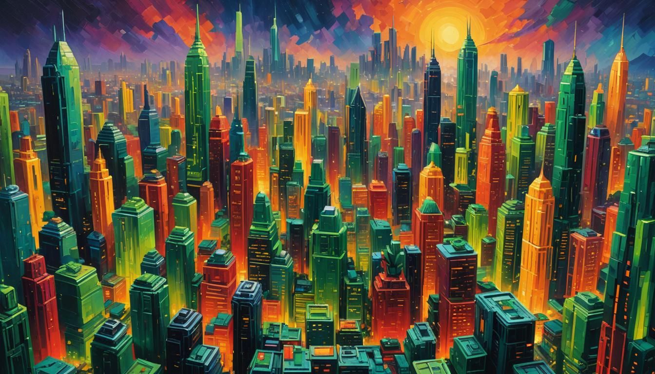 Exotic Planet Cityscape in Pixel Art Style