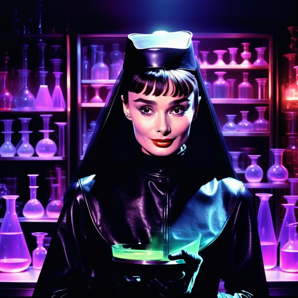 Audrey Hepburn as Evil Sorceress in Synthwave Style