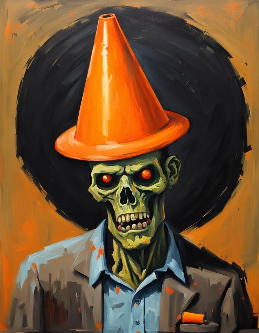 Zombie with Construction Cone, Oil Painting