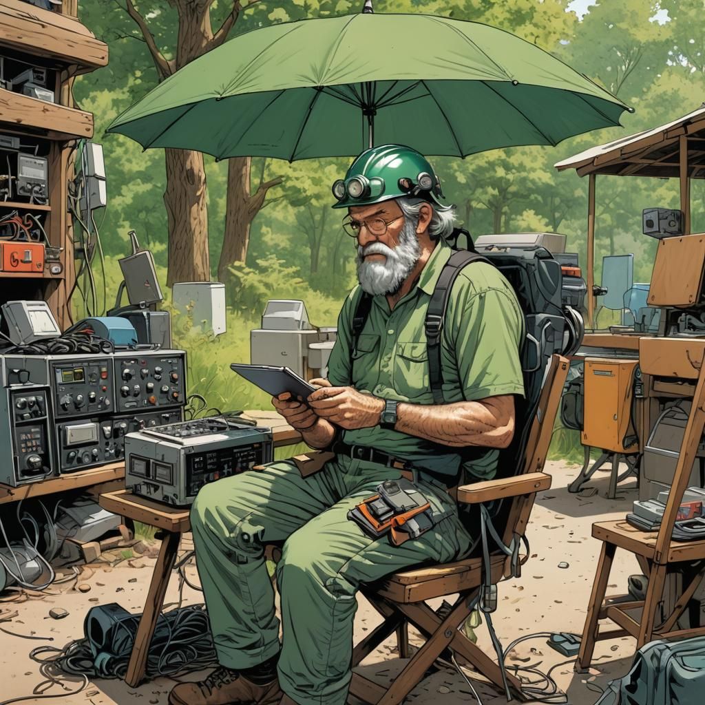 Geologist Monitors Instruments in Sunny Field, Comic Book Ar...