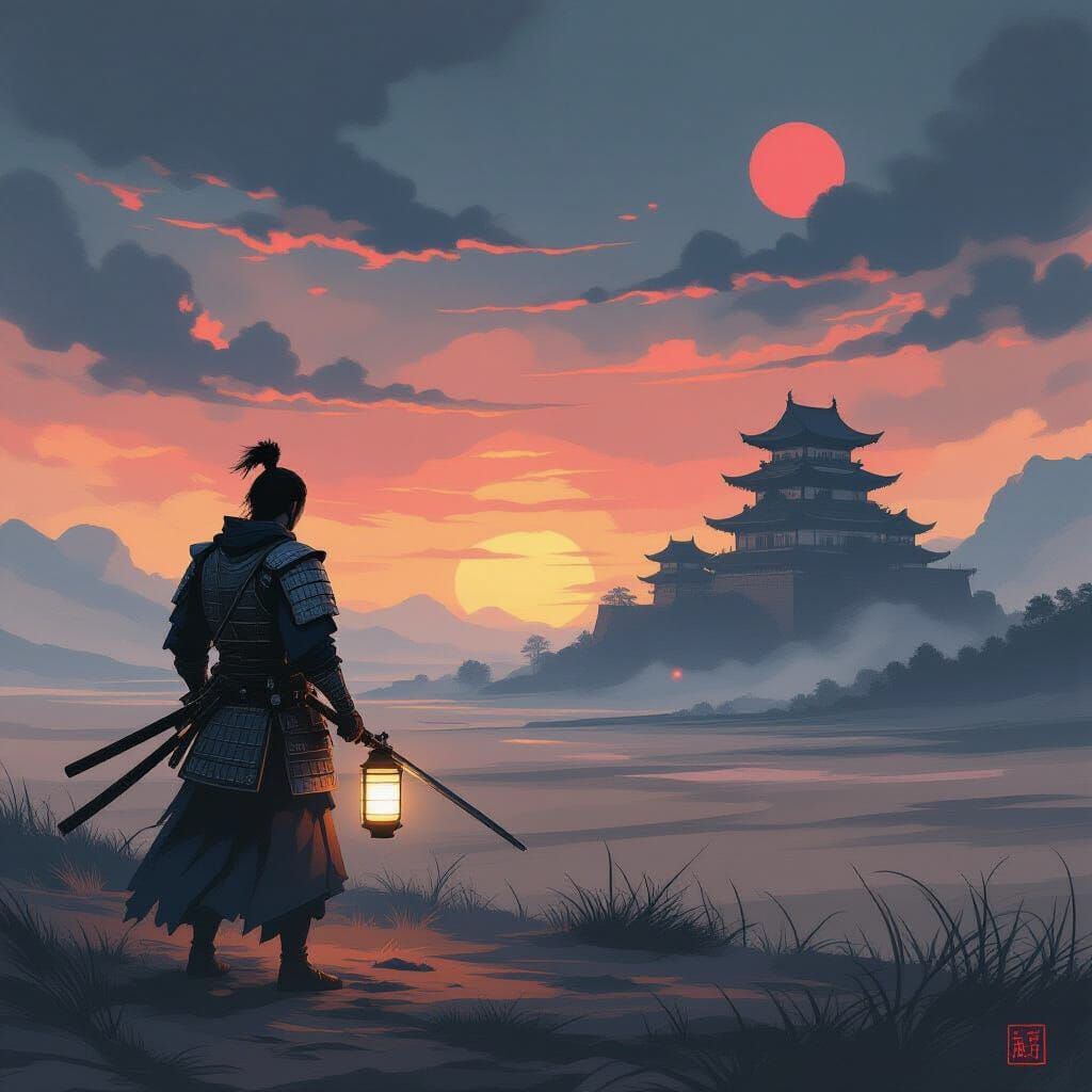 Samurai Warrior on Desolate Plain Under Twilight Sky