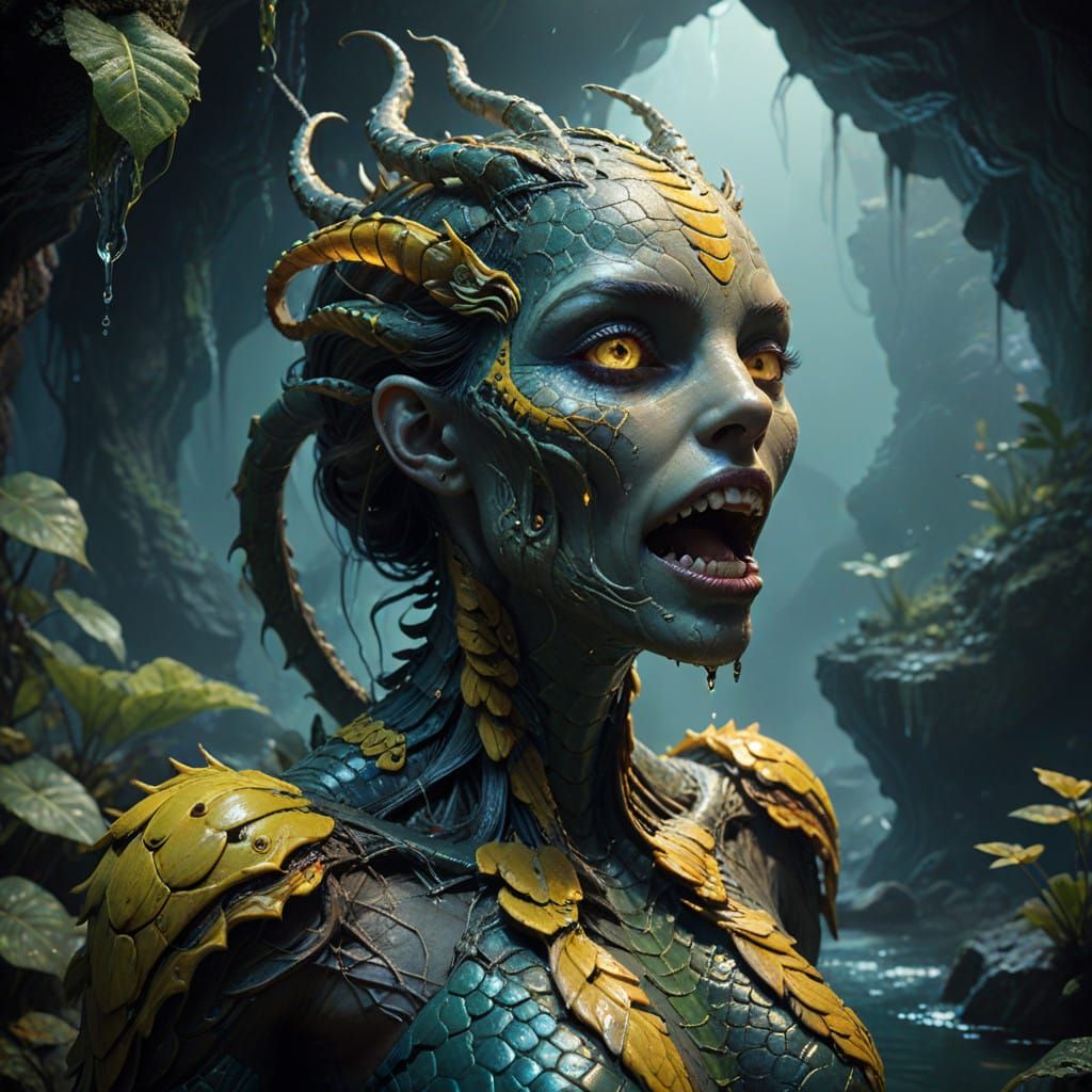 Serpentine Goddess with 7-Headed Serpent in Underwater Sanct...