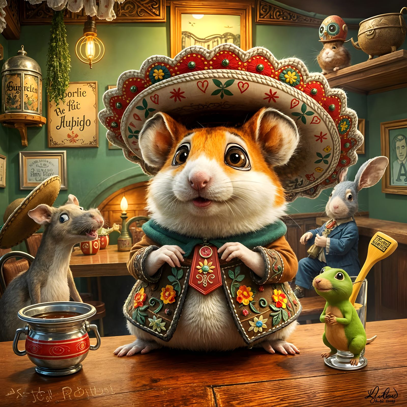 Festive Hamster in Mexican Pub, Animated Cartoon