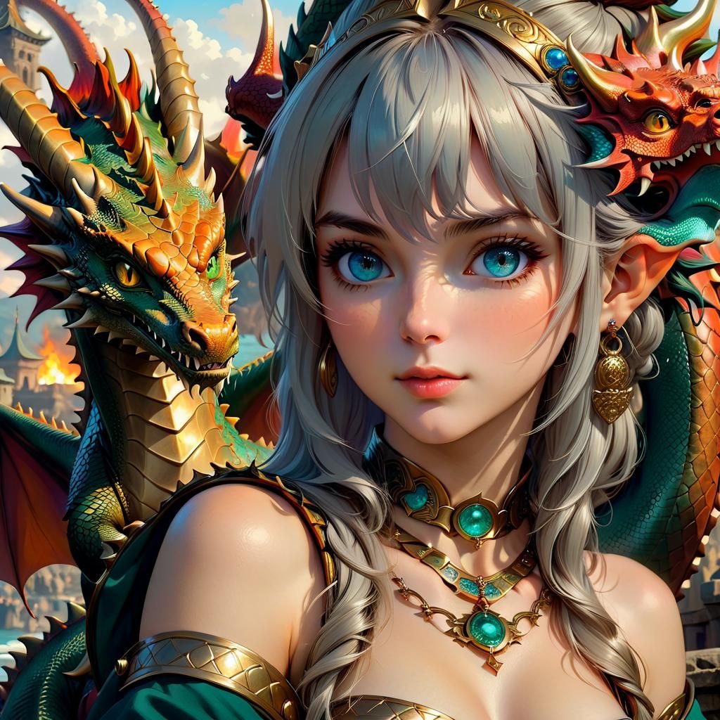 Anime Woman with Dragon: Hyperdetailed Portrait