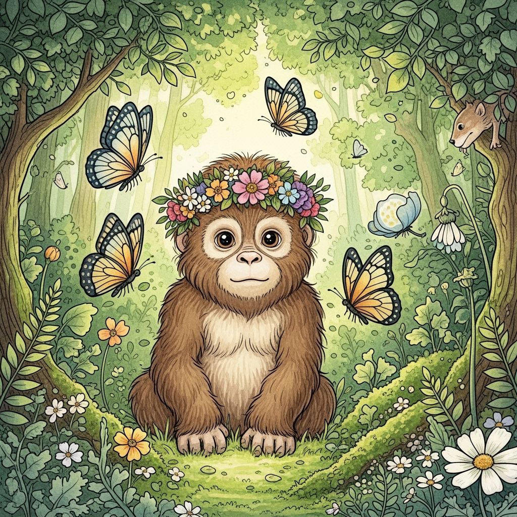 Baby Sasquatch with Flower Crown in Whimsical Forest