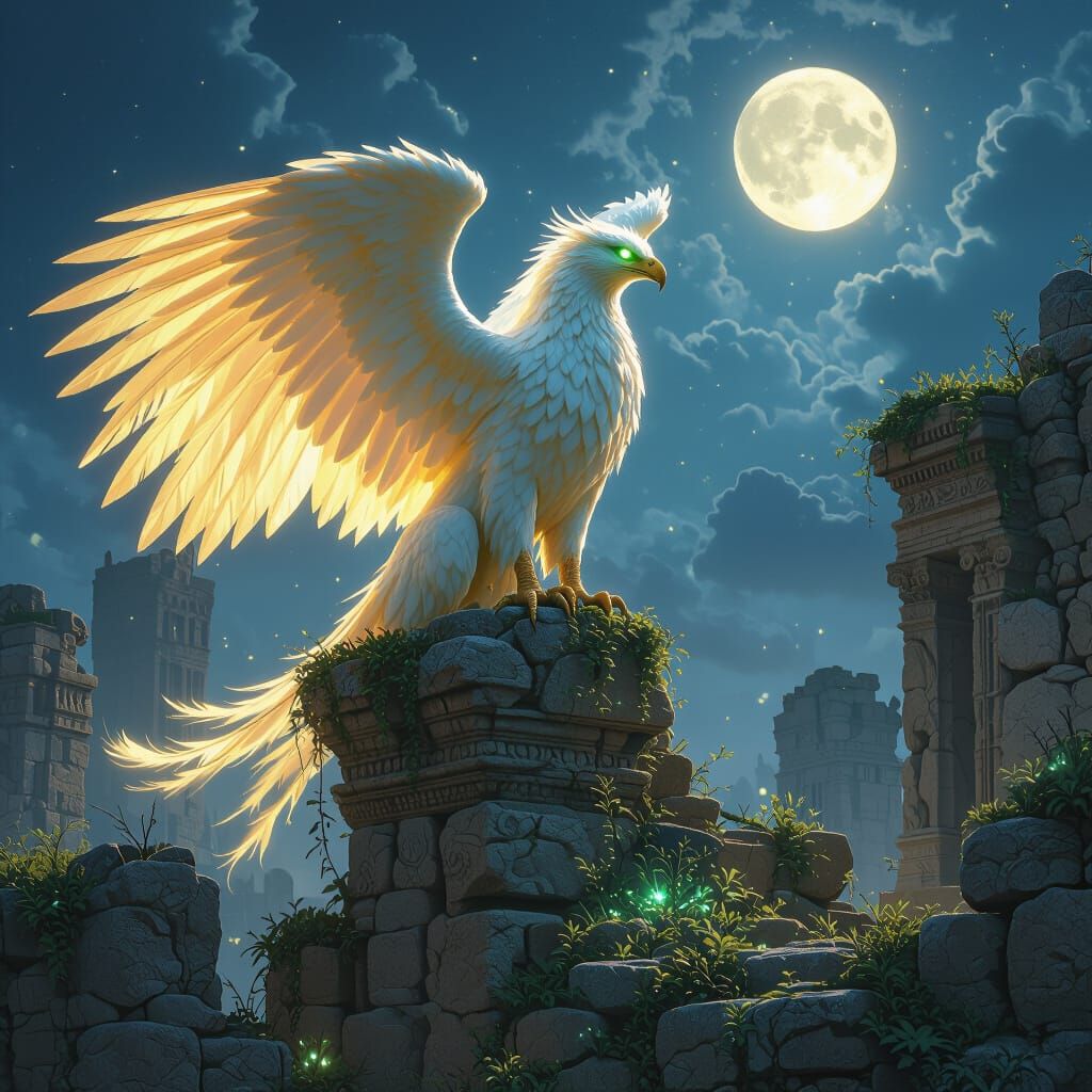 Majestic Griffin on Ancient Ruins Under Twin Moons