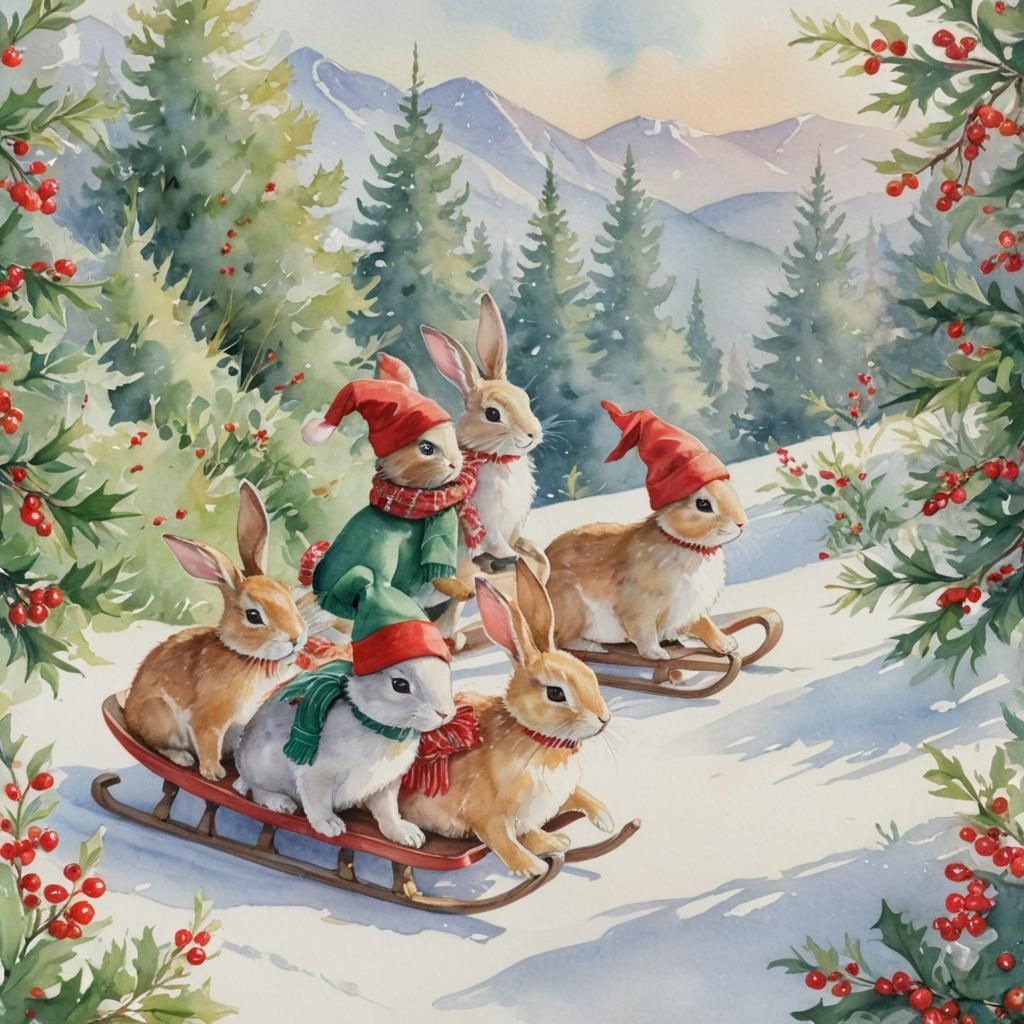 Bunnies Sledding in Winter Wonderland Watercolor Illustratio...