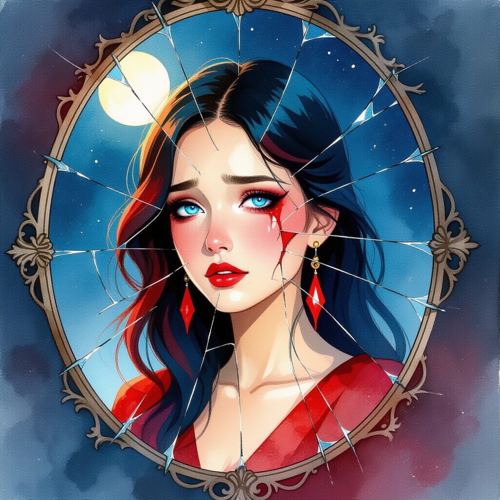Shattered Mirror Reflection of Sorrowful Woman