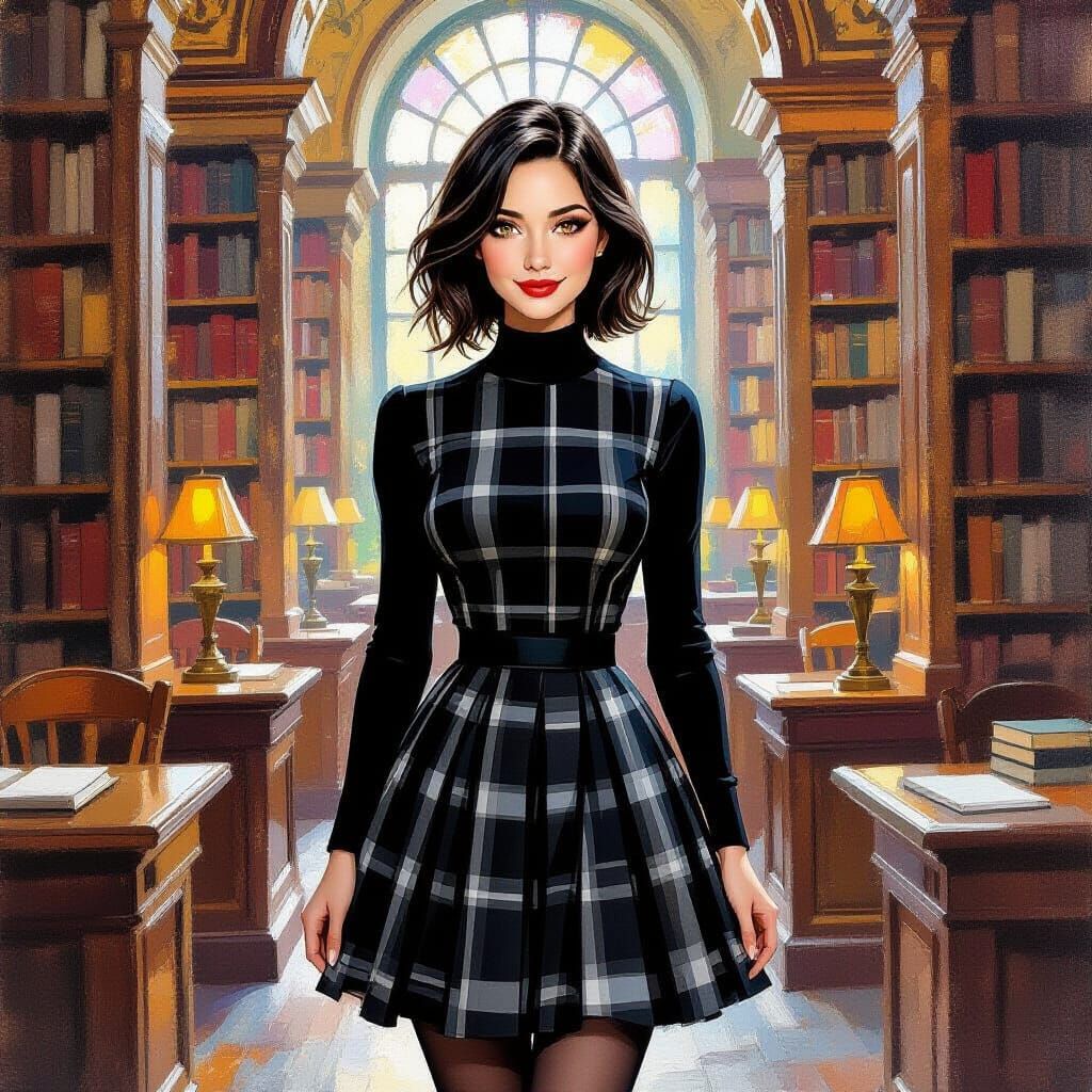 Woman Smiling in Magical Library as Watercolor Oil Painting