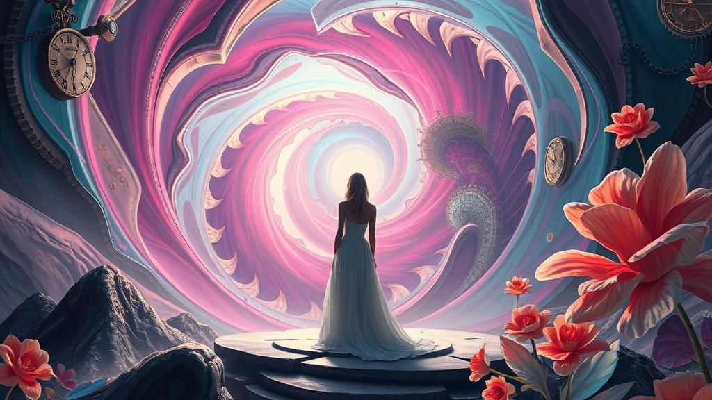 Ethereal Woman at Vortex Threshold in Surreal Style