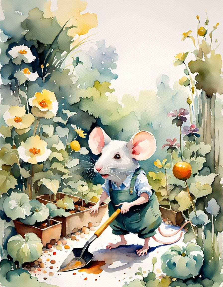 Whimsical Gardening Mouse in a Vibrant Vegetable Garden Scen...