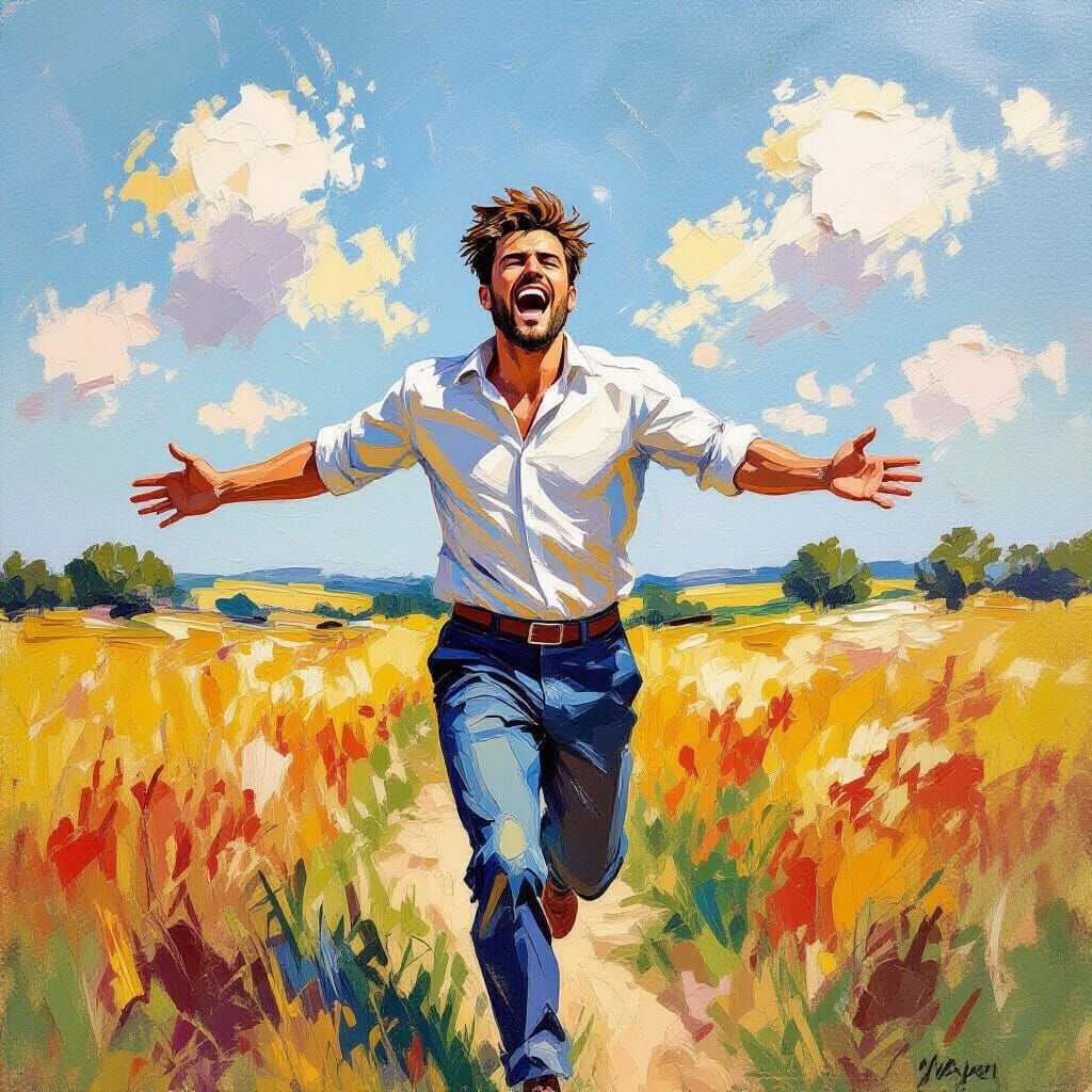 Man Runs in Field: An Expressionist Impasto Painting