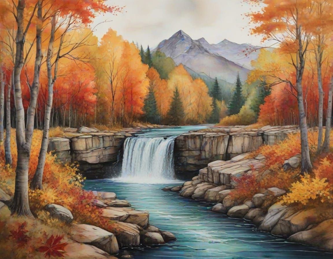 Serene Waterfall with Autumn Leaves in Alcohol Ink Style