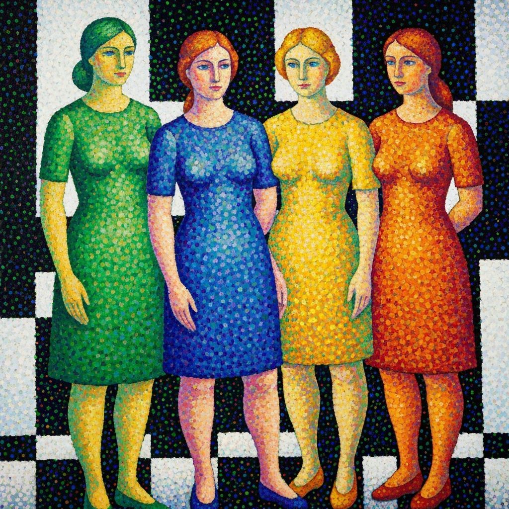 Vibrant Pointillist Painting of Stylized Women