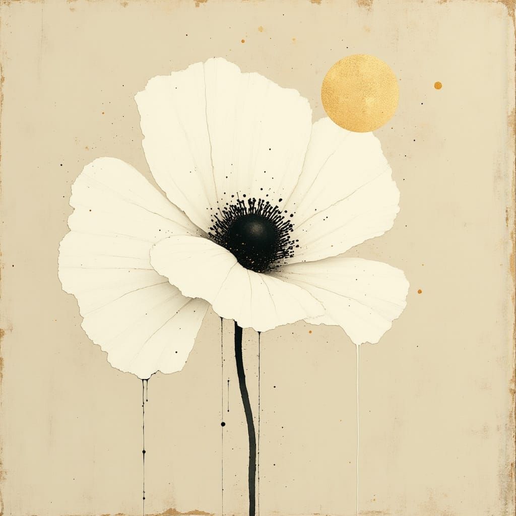 Minimalist Yamato-e Painting of a White Poppy