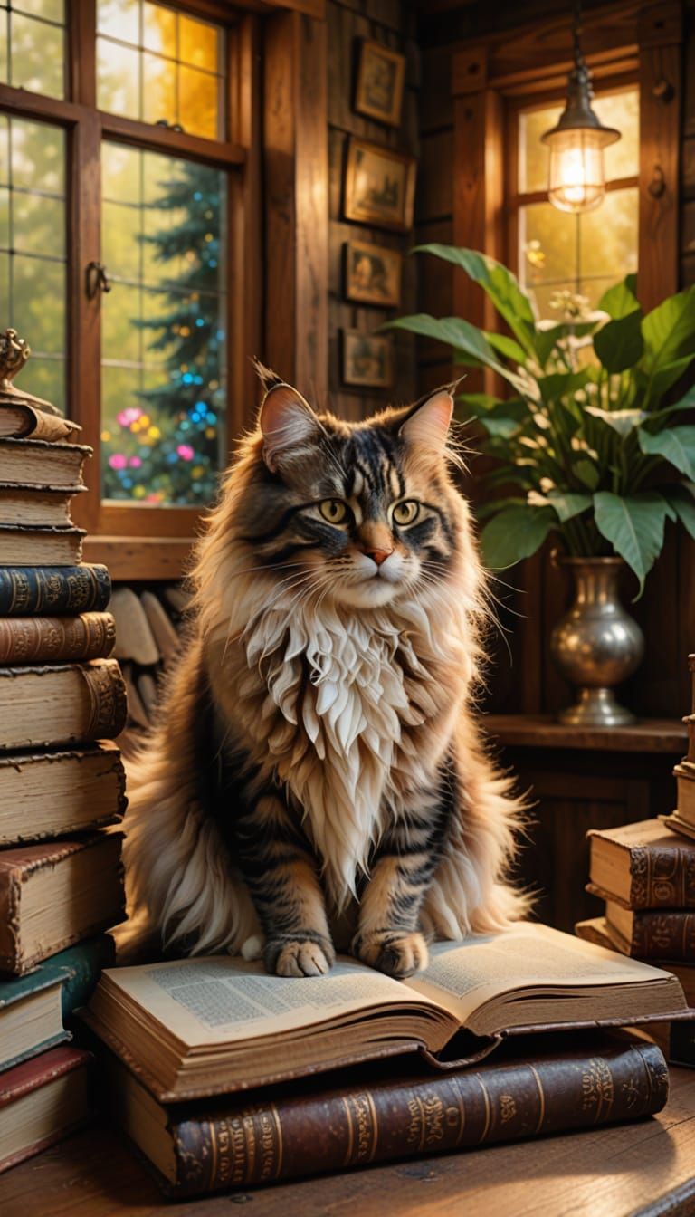 Norwegian Forest Cat in Cozy Cottage, Alcohol Ink Painting