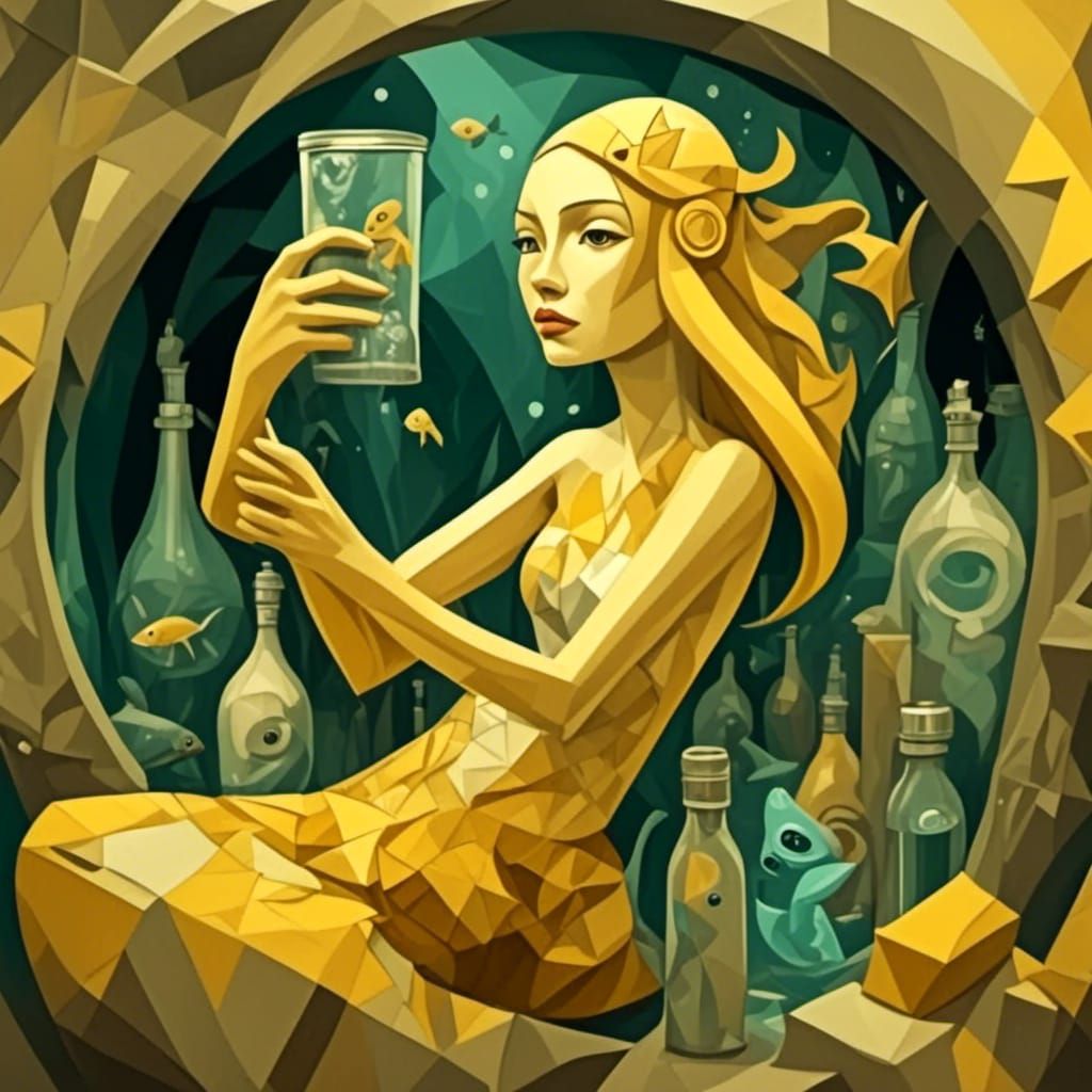 Golden Cubist Mermaid in Underwater Cave